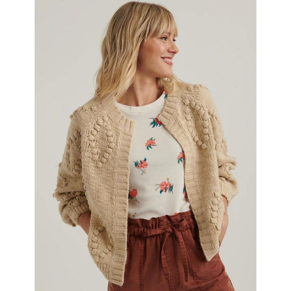 Lucky Brand Cream Bobble Cardigan Open Front Knit Chunky Boho Cabin Core Size S